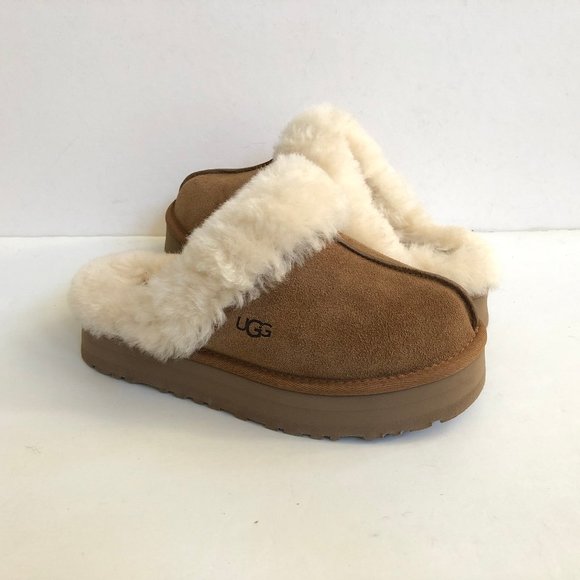 UGG DISQUETTE SLIDE CHESTNUT SHEARLING CUFF PLATFORM SANDALS US 6 / EU 37 / UK 4